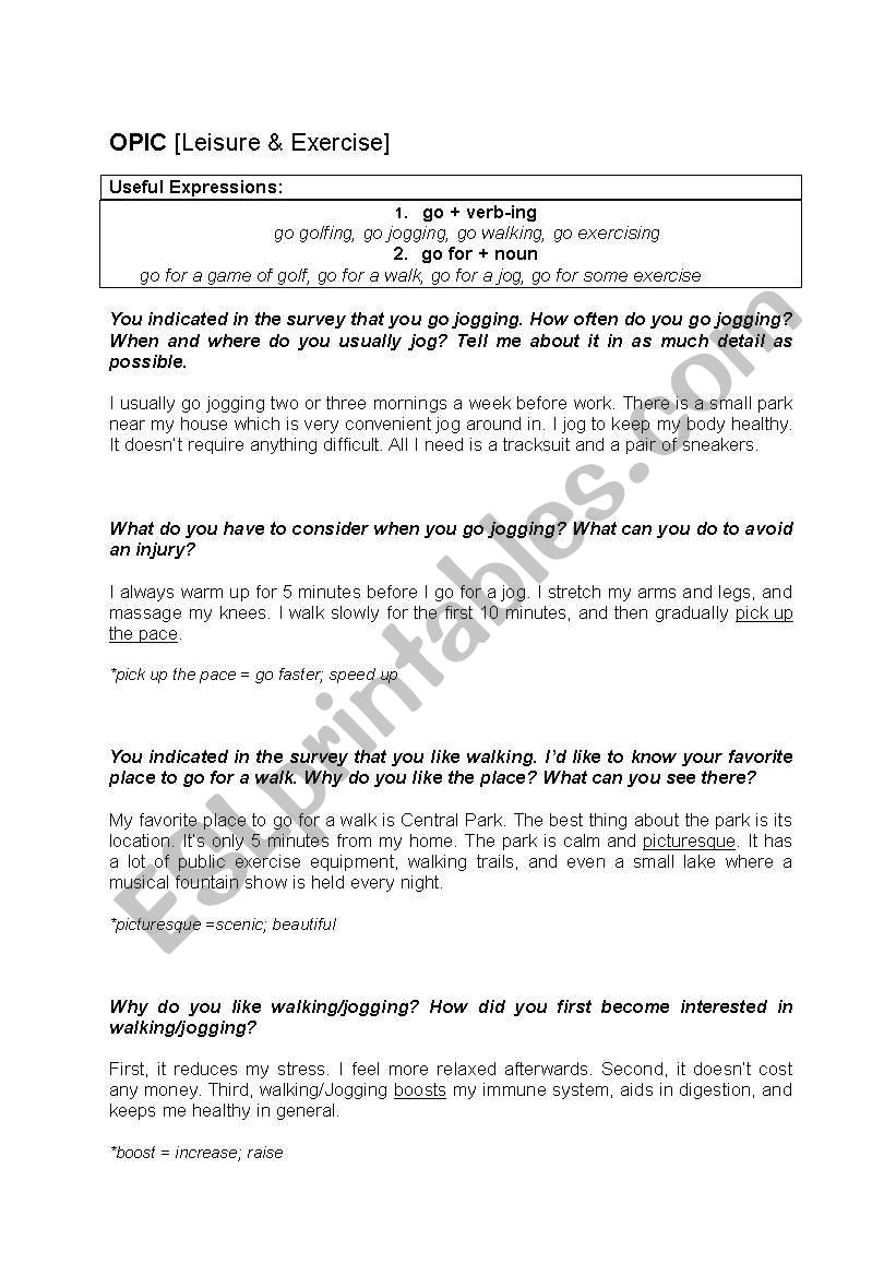 OPIc [Leisure & Exercise] worksheet